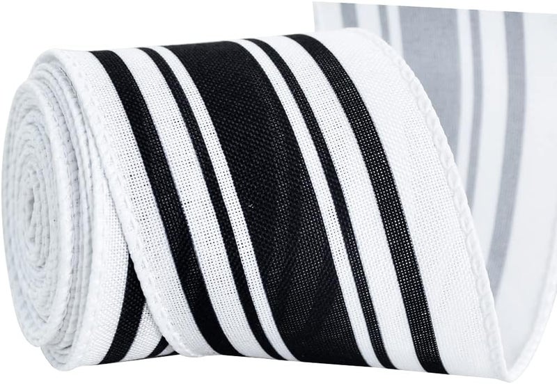 TONIFUL 2.5 Inch Black and White Striped Wired Edge Ribbon, Burlap Ribbon, Blakc White Wired Ribbon for Gift Wrapping, Wreath Bows Making, Crafts Home Party Christmas Tree Decoration（Striped，6yds） - Image 1